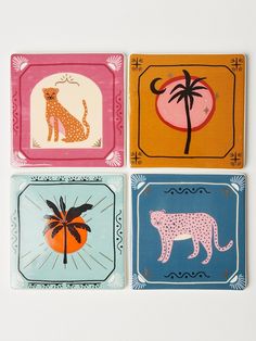 four square coasters with animals and palm trees on them, each painted in different colors