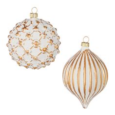 two white and gold ornaments on a white background, one with an ornament in the shape of a ball