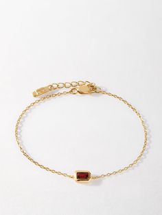 Keep it personal with the new birthstones. We've taken the cues from a time gone by with a classic baguette cut. A vintage-inspired bracelet with a little more opulence. Celebrating January with a rich, red emerald-cut Garnet. The perfect keepsake to gift your favourite people - or yourself. 18k gold plated. 100% recycled sterling silver. 6x4mm Emerald-Cut Garnet. Birthstone setting is 8 x 6mm; 2.5mm depth. Chain length 6.5" (16.5cm) extends to 7.5"(18cm). Garnet Birthstone, Birthstone Bracelet, Spring Makeup, Garnet Jewelry, January Birthstone, Body Makeup, Birthstone Bracelets, Baguette Cut, Recycled Sterling Silver