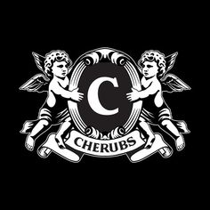 two cherubs holding the letter c in front of a black background with white lettering