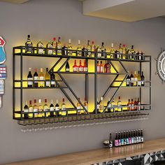 a wall mounted shelf filled with lots of bottles