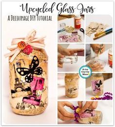 a collage of images showing how to make an upcycled glass jar