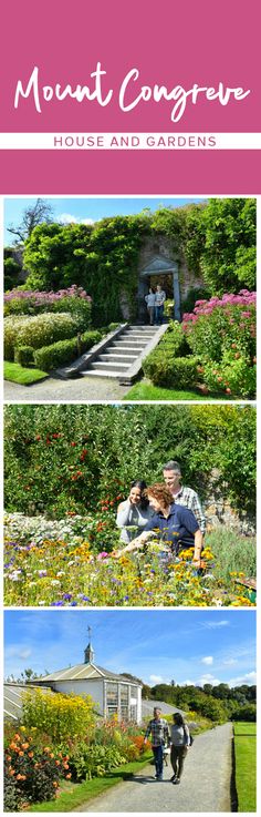 four different views of the mountains and gardens