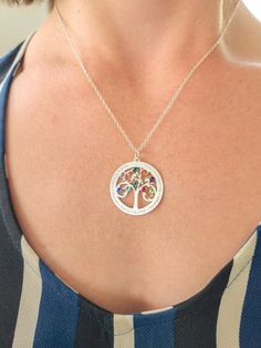 Personalized family name birthstone tree of life necklace. This gorgeous Grandma gift or Mom necklace is perfect for a Mother's day gift, birthday, or family reunion. Customize the circle with names and birthstones of your choice. 100% Sterling Silver for Quality Keepsake Jewelry! See Photos for Options. More Birthstone Necklaces: https://www.etsy.com/shop/ivybydesign?search_query=birthstone Handmade in our shop and packaged with care in an IvyByDesign gift box (see last photo). SHIPS in 1 Busin Birthstone Necklaces, Custom Family Tree, Grandma Necklace, Minimal Necklace, Grandmother Gifts, Personalized Gifts For Mom, Tree Of Life Necklace, Keepsake Jewelry, Mom Necklace