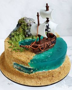 a cake decorated with an image of a pirate ship