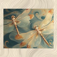 two dragonflys sitting on top of each other in front of wavy blue water