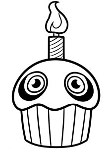 a cupcake with a candle on top and eyes drawn in black and white ink