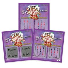 three cards with numbers and symbols on them for the match and win game in purple