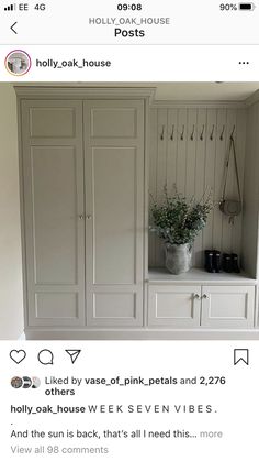 an image of a room with white cupboards and plants on the shelves in it