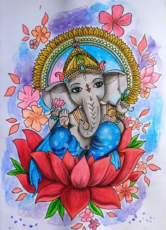 a drawing of an elephant sitting on top of a red flower and surrounded by butterflies