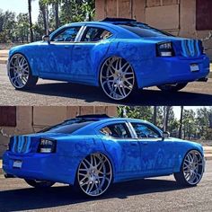 two pictures of a blue car with chrome wheels and rims, one showing the rear end