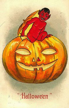 an old fashioned halloween card with a boy on top of a pumpkin