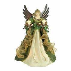 an angel figurine with wings and flowers on it's back, holding a bouquet