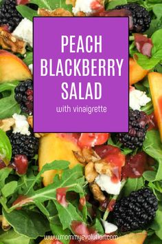 a salad with peaches, blackberries and goat cheese on top is shown in front of a purple rectangle