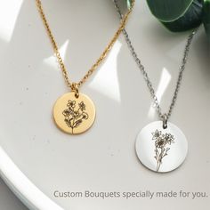 Combined Birth Month Flower bouquet necklace, Birth Flower Jewelry, Flower Necklace Gift, Mom Necklace, Mothers Day Necklace, Stepmom gift BIRTH FLOWER NECKLACE: Flowers that will last forever. Our bouquets are not premade, they are custom made specially for you. Up to 7-8 flowers for each pendant. For more than 5 flowers we recommend to get the 20mm disc but they still look good on 16mm ones. Disc Size: 16mm and 20mm Chain length: 40cm, 45cm, 50cm Our pieces are high polished gold plated over s Dainty Customizable Charm Necklace For Mother's Day, Customizable Dainty Charm Necklace For Mother's Day, Botanical Flower Necklace For Mother's Day, Mother's Day Botanical Flower Jewelry, Mother's Day Flower Charm Round Pendant Necklace, Birth Flower Round Pendant Necklace For Mom, Botanical Birth Flower Necklaces For Mother's Day, Flower Necklace Gift For Mom, Mother's Day Gift Charm Necklace With Pressed Flowers