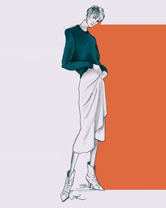 a drawing of a woman standing in front of an orange and white wall with her hands on her hips