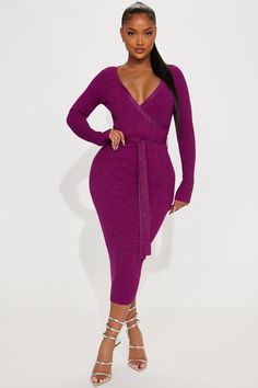 Available In Magenta And Copper. Sweater Midi Dress Deep V-Neck Long Sleeve Tie Waist Stretch 60% Rayon 30% Nylon 10% Metallic Yarn Imported | Klarissa Sweater Midi Dress in Magenta size Medium by Fashion Nova Magenta Fashion, Sweater Midi Dress, Metallic Yarn, Xl Fashion, Sweater Dress Midi, Clothing Styles, Deep V Neck, Fashion Fashion, New Shop