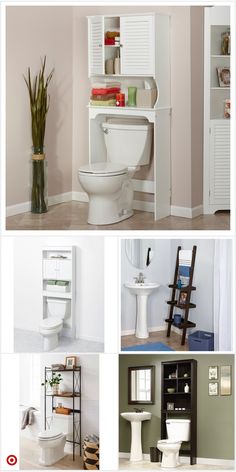 there are pictures of different bathroom furnitures in this photo collage, including toilet, sink, and shelves