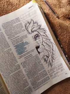 an open bible with a drawing of a lion's face on it and some pens next to it