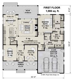 the first floor plan for a house with two car garages and an attached living area