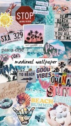 the collage has many different pictures and words on it as well as palm trees