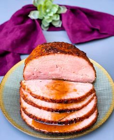 air fryer honey glazed baked ham on a plate with text overlay that reads