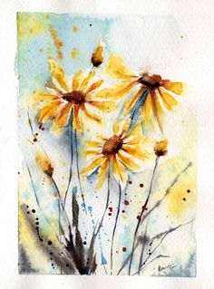 watercolor painting of yellow daisies with blue sky in the backgrounnd