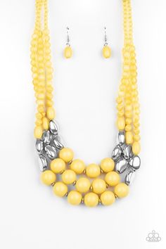 Featuring polished and glassy finishes, imperfect yellow and silver beads are threaded along three invisible wires, creating colorful layers below the collar. Features an adjustable clasp closure. Southern Charms, Yellow Necklace, Yellow Jewelry, Bling Necklace, Silver Bead Necklace, Paparazzi Accessories, Paparazzi Jewelry, Boutique Jewelry, Necklace Earring Set