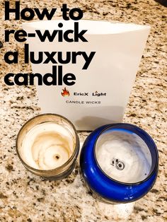 two candles sitting on top of a counter next to a paper bag with the words how to re - wick a luxury candle