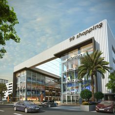 an artist's rendering of the exterior of a shopping center with palm trees and parked cars