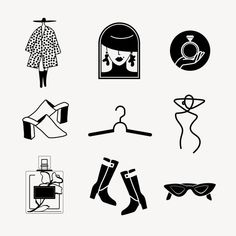 black and white silhouettes of women's clothing, shoes, and accessories on a white background