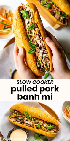 a loaf of Vietnamese pulled pork banh mi (baguette) with pickled vegetables Pulled Pork Bahn Mi, Pulledpork Slowcooker, Pork Banh Mi Sandwich, Vietnamese Baguette, Sriracha Mayo Sauce, Pork Banh Mi, Carrot Sauce, Banh Mi Recipe, Pulled Pork Recipe Slow Cooker