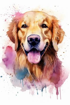 a watercolor painting of a dog's face with its tongue out and his eyes closed