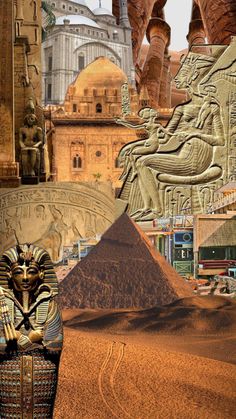 collage of ancient egyptian architecture and sphinx statue in desert area with pyramids, large building