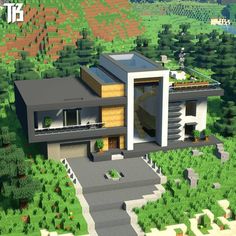 an aerial view of a modern house in minecraft