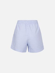 This modern iteration of the boxing short is crafted with seersucker cotton and designed for a relaxed silhouette. Designed to hit at the upper thigh. Size S has a 33,5 cm rise (relaxed elastic) and 33 cm thigh width. You can pair them with the matchy Meredith shirtSeersucker cotton pull up shortsSide slitsElasticated waistbandWaist dartsSeersucker fabricLight blue and white striped all over printExclusive Saint Barth embroideryComposition: 100% cotton Summer Seersucker Bottoms With Elastic Waistband, Spring Seersucker Bottoms With Elastic Waistband, Seersucker Bottoms For Summer, Striped Seersucker Shorts, Casual Seersucker Shorts, Summer Relaxed Fit Seersucker Bottoms, Relaxed Fit Seersucker Bottoms For Summer, Barbour Steve Mcqueen, Saint Barth