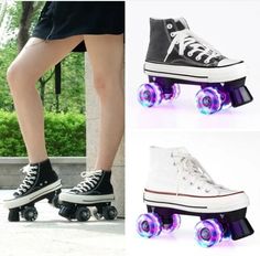 there are two pictures of people riding roller skates with lights on the bottom, and one is wearing high top sneakers