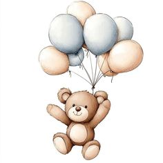 a brown teddy bear flying through the air with several balloons in it's mouth