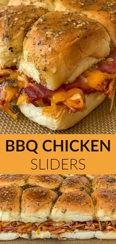 bbq chicken sliders with cheese and bacon on them