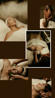 a collage of photos with women laying in bed and one woman brushing her hair