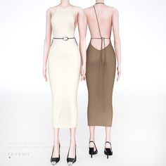 two women standing next to each other wearing dresses with backless necklines and straps