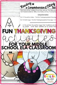 a turkey with the words, fun thanksgiving activities for your middle school ela classroom