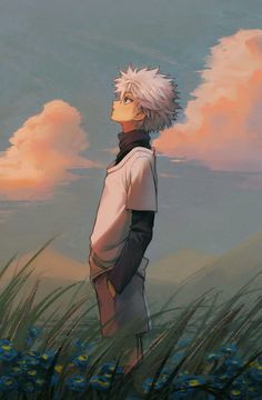 an anime character standing in the grass with his back to the camera and looking up