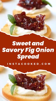 sweet and savory fig onion spread on crackers with text overlay that reads, sweet and savory fig onion spread