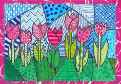 a painting with flowers on it in pink and blue colors, including tulips