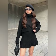 Mini Skirt With A Wide High Elastic Waistband. Color: Black | 6771/004 New With Tags Black Pleated Mini Skirt Outfit, Tights And Skirt, Pleated Mini Skirt Outfit, Black Pleated Mini Skirt, Pleated Knit, Vegas Outfit, Trendy Girl, Black Pleated Skirt, Miniskirt Outfits