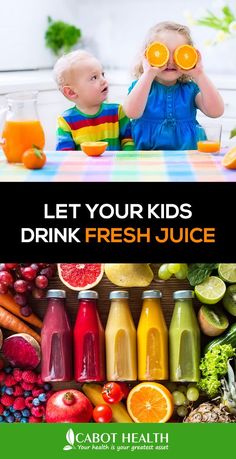 two children sitting at a table surrounded by fruits and vegetables with the words let your kids drink fresh juice