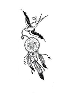 a black and white drawing of a bird flying with a dream catcher on its back