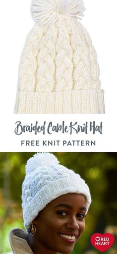 the braided cable knit hat is shown in white and has a large pom - po