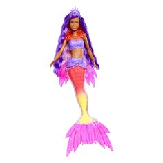 a barbie doll with purple hair wearing a mermaid costume